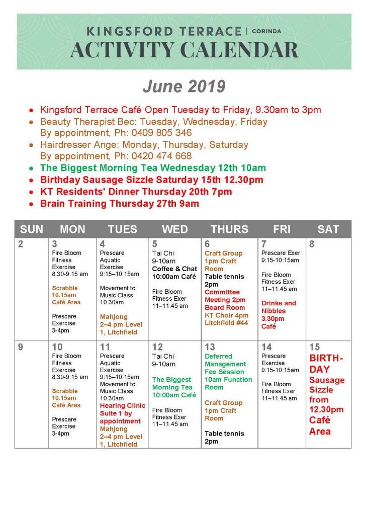 Kingsford Terrace Corinda: Resident Activity Calendar | June 2019 page 1