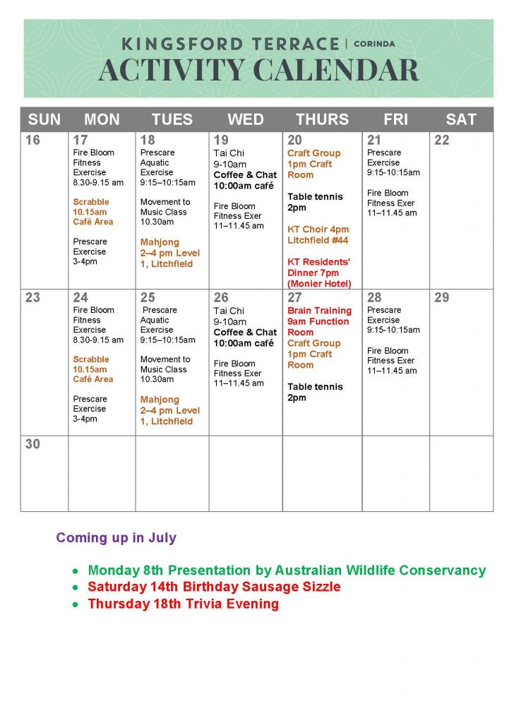 Kingsford Terrace Corinda: Resident Activity Calendar | June 2019 page 2