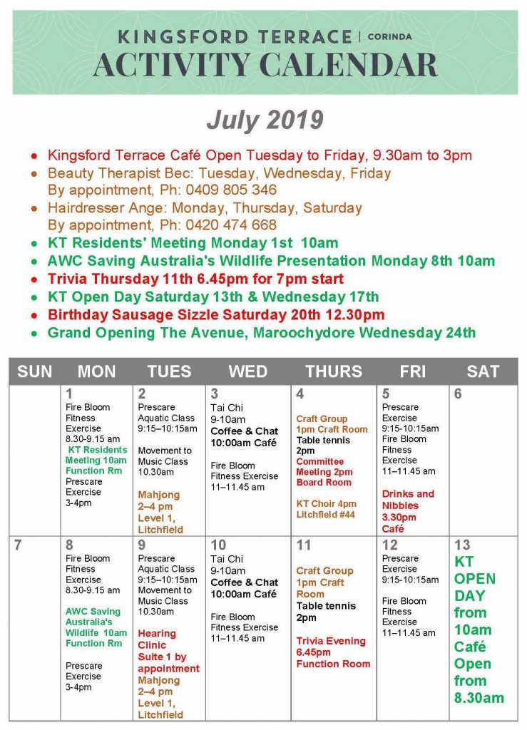 Kingsford Terrace Corinda: Resident Activity Calendar | July 2019 page 1