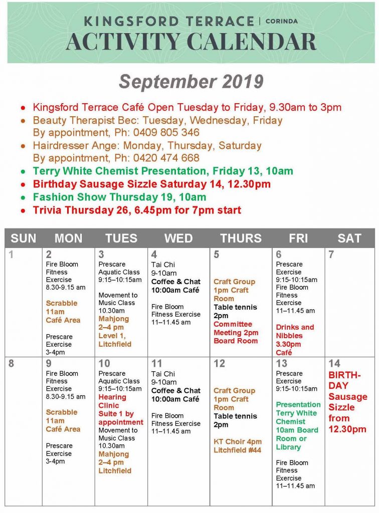Kingsford Terrace Corinda: Resident Activity Calendar | September 2019 page 1