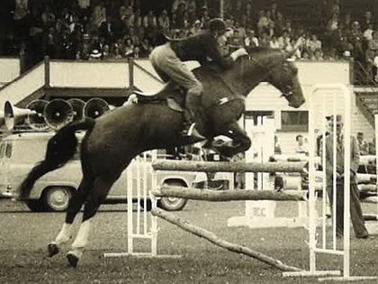 A person riding a horse jumps over an obstacle in an equestrian event. The image is black and white and shows an audience watching in the background.