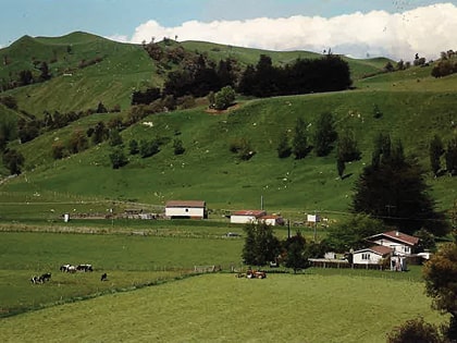 A rural landscape with green rolling hills, scattered trees, and a few houses and farm buildings. Cows graze in a fenced area, while a tractor is parked nearby. A cloudy sky serves as the backdrop.