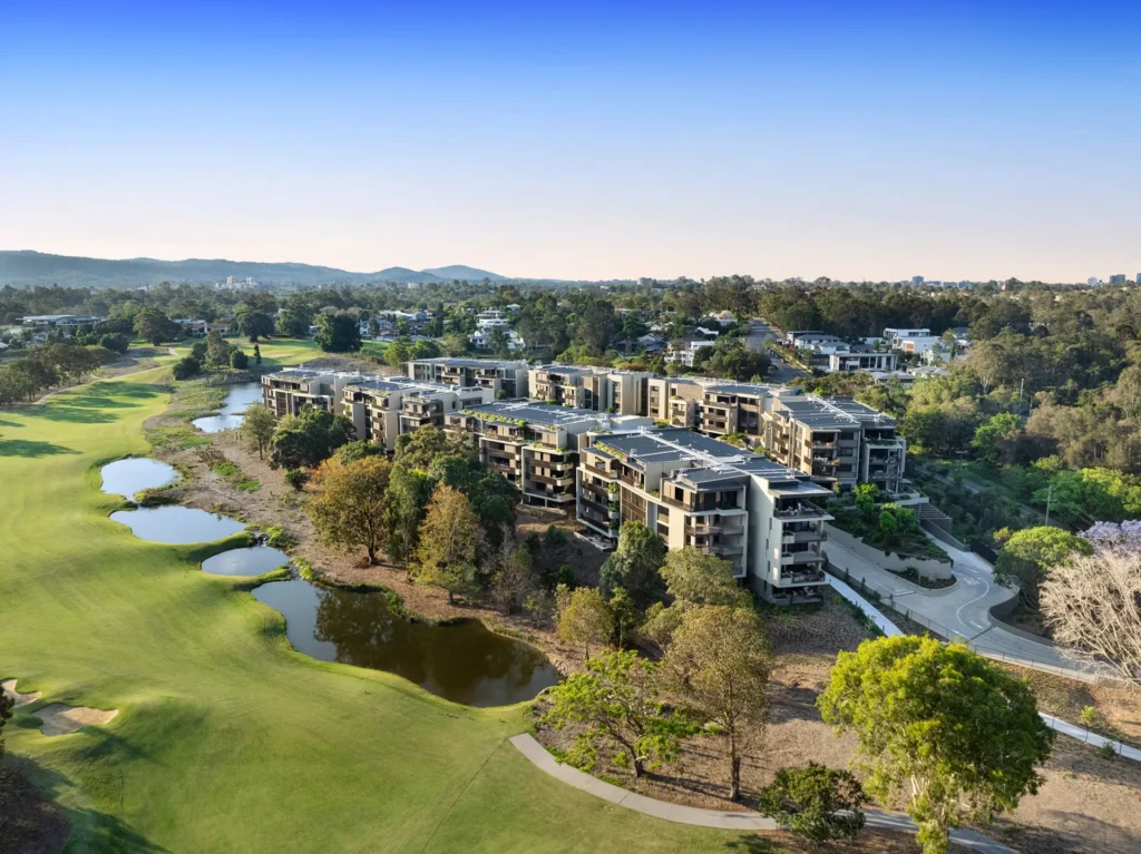 Aerial view of a retirement community beside a golf course