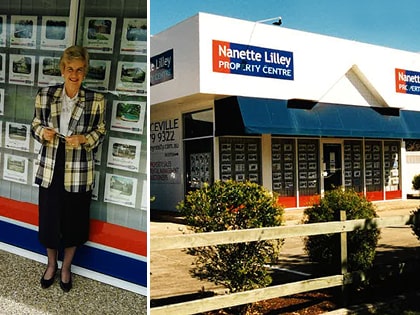 A woman in a plaid jacket stands smiling in front of a window displaying property listings. Next to her, the exterior of the "Nanette Lilley Property Centre" is visible, featuring a blue awning and signage.