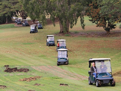 A line of golf carts driving on a grassy path with several trees in the background. The carts are following each other under a cloudy sky, on a course with patches of bare earth.