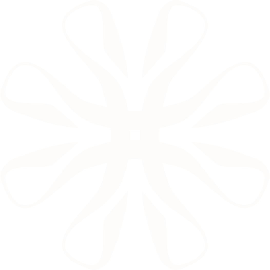 A symmetrical, abstract white pattern resembling a flower with eight curved, petal-like shapes radiating from the center, inspired by The Evelyn Mt Ommaney, set against a plain white background.