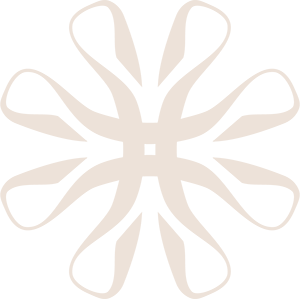 Abstract geometric design with eight symmetrical, curved, beige shapes radiating from a central point on a light gray background, evoking a stylized floral or star pattern inspired by The Evelyn Mt Ommaney.