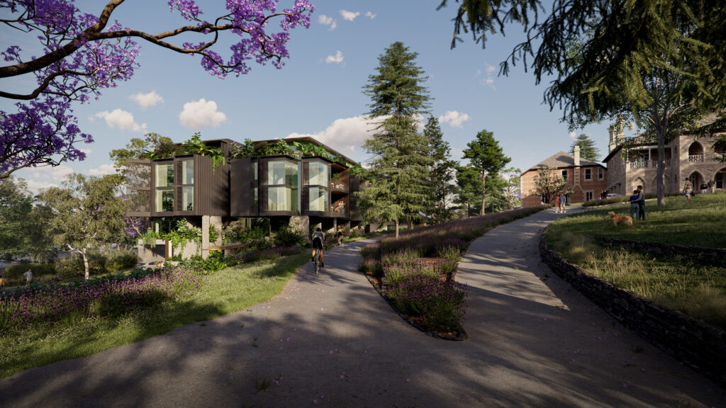 A modern building with large windows is surrounded by trees and purple flowers. People walk and bike along a curving path, while older brick buildings are visible in the background under a partly cloudy sky.