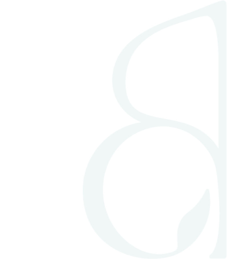A pale, abstract design resembling the lowercase letter "b" with a leaf-like shape inside the lower loop, set against a white background.