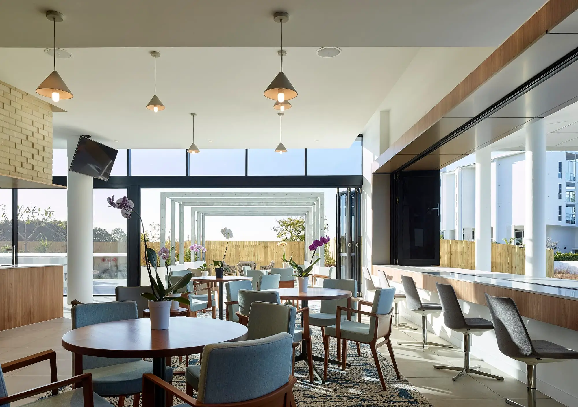Modern, sunlit cafe with round tables, light blue chairs, bar seating by large windows, potted orchids, pendant lights, and views of an outdoor patio area with columns and greenery.