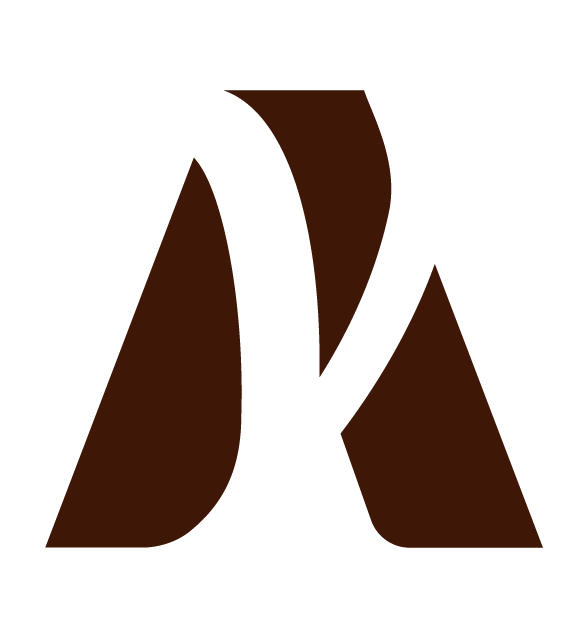 A stylized, abstract letter "A" logo in dark brown on a light gray background, featuring curved and straight shapes that create a modern, dynamic look.